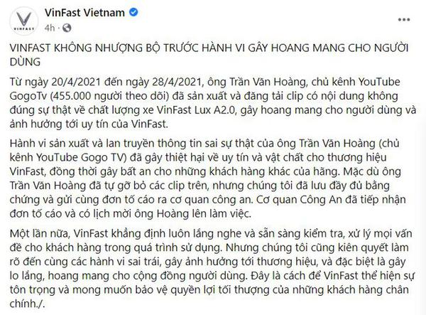 VinFast gửi đơn tố cáo Youtuber đăng tải thông tin sai sự thật về mẫu xe Lux A2.0 gặp nhiều lỗi sửa chữa