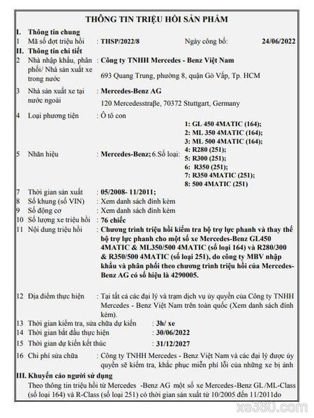 Loạt SUV của Mercedes tại Việt Nam bị triệu hồi do lỗi trợ lực phanh